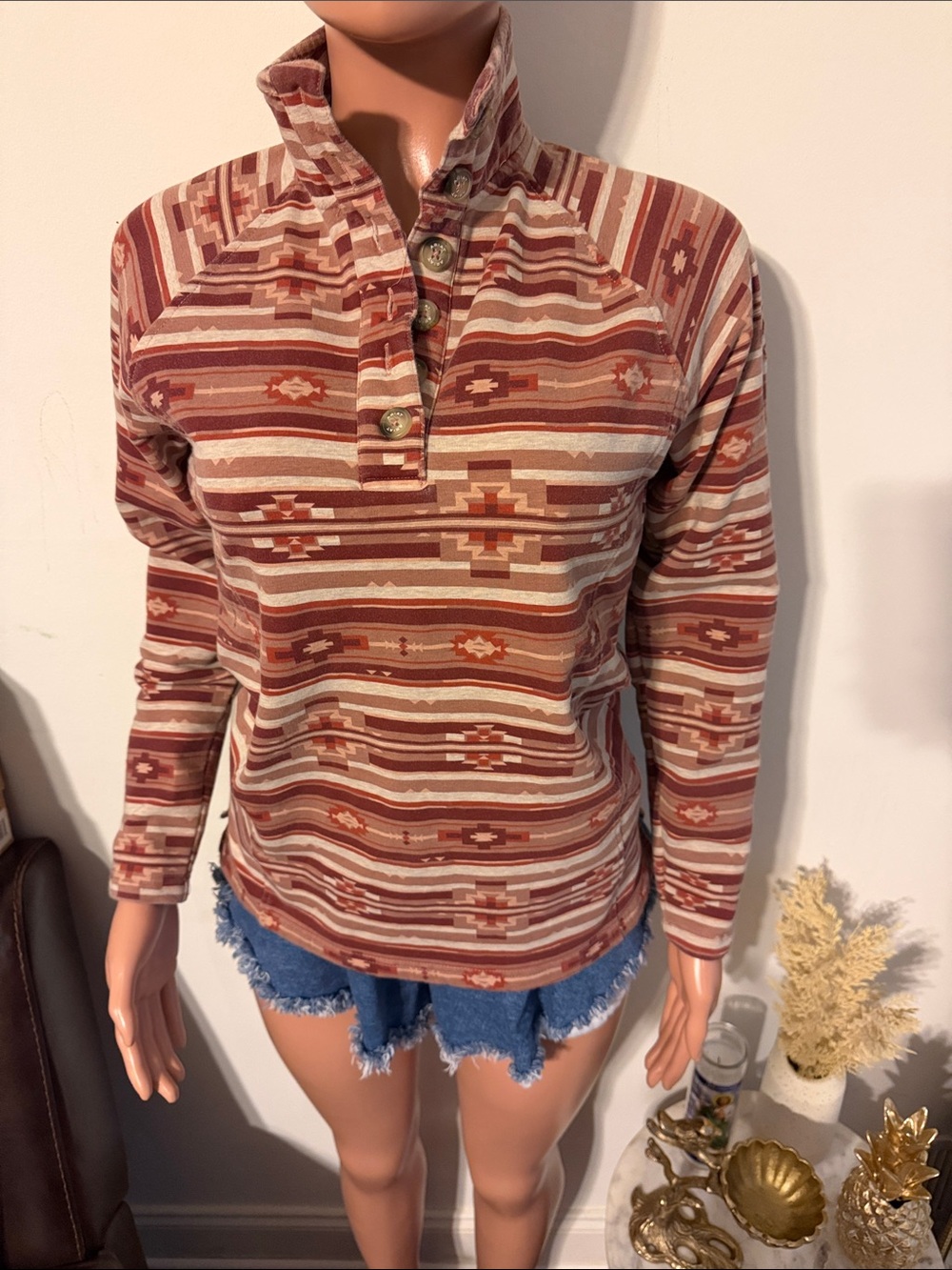 Ariat Rust and Cream Aztec Stripe Henley Pullover